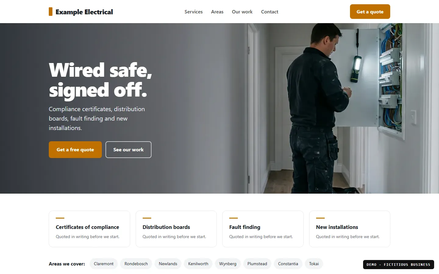 Demo website for a fictitious electrical business, showing its headline, quote buttons, services and the areas it covers. Labelled as a demo.