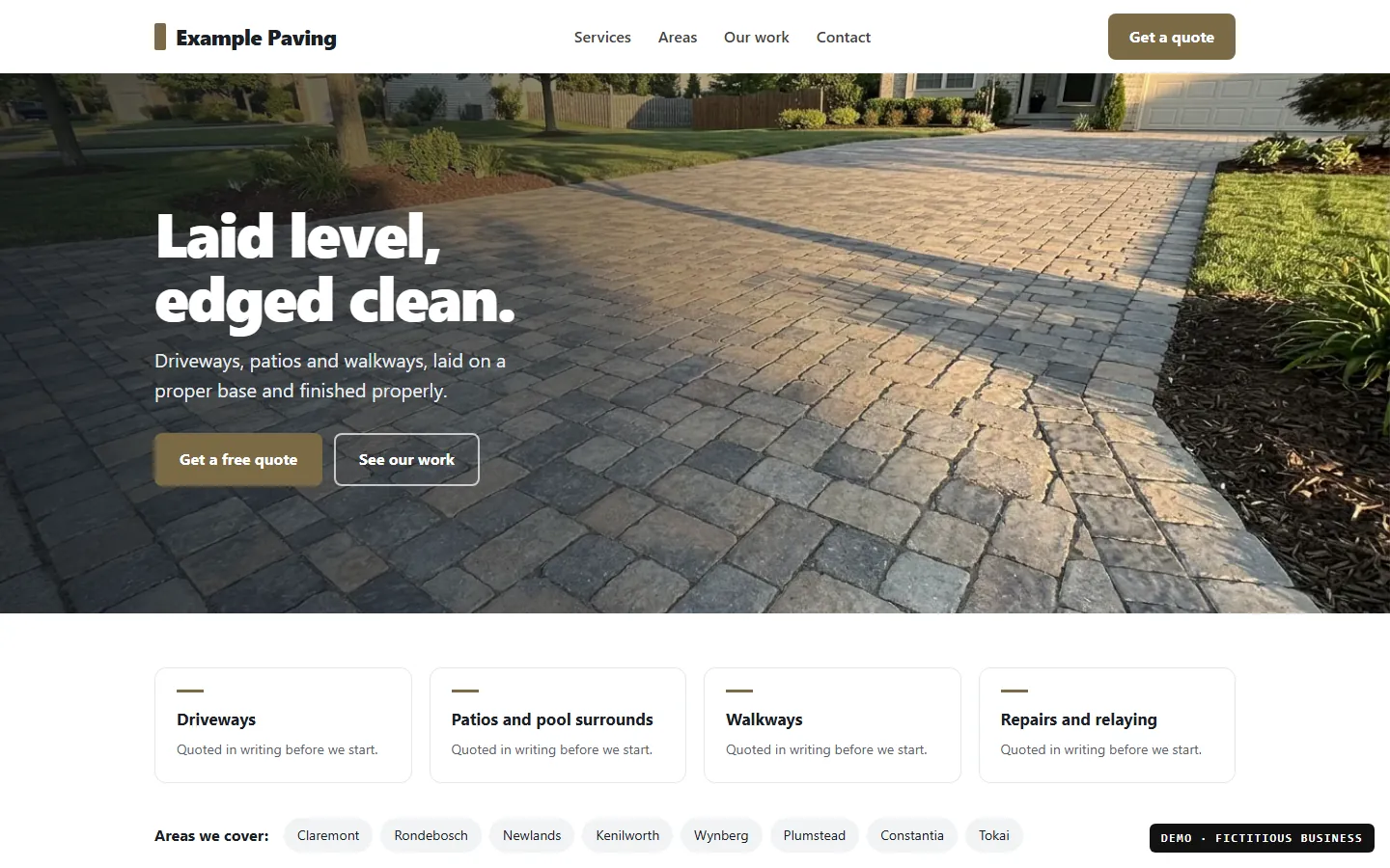 Demo website for a fictitious paving business, showing its headline, quote buttons, services and the areas it covers. Labelled as a demo.