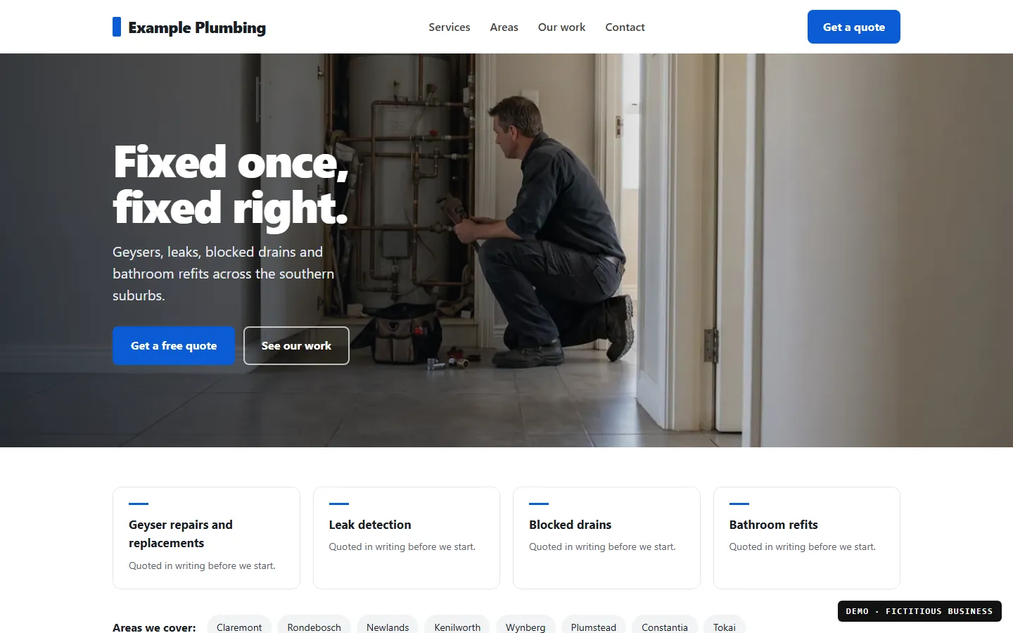 Demo website for a fictitious plumbing business, showing its headline, quote buttons, services and the areas it covers. Labelled as a demo.