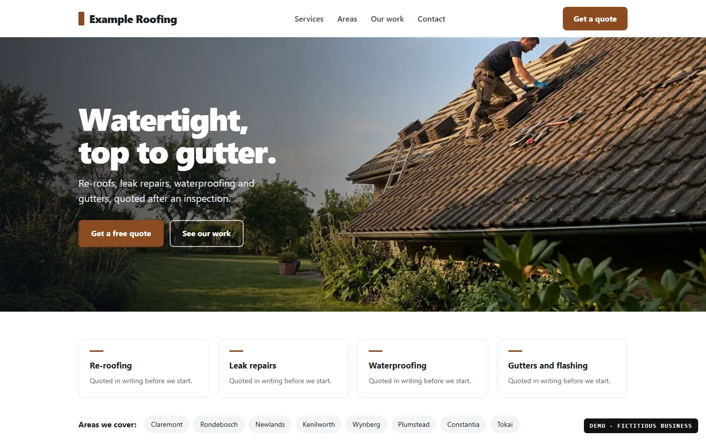 Demo website for a fictitious roofing business, showing its headline, quote buttons, services and the areas it covers. Labelled as a demo.